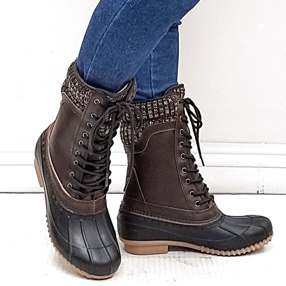 New Brown Sweater Lace Mid-Calf Snow Duck Boots - Picture 2 of 4